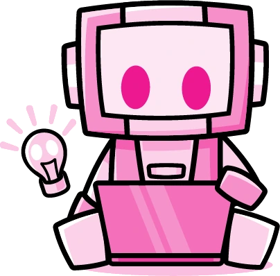 Pink robot typing at computer with idea