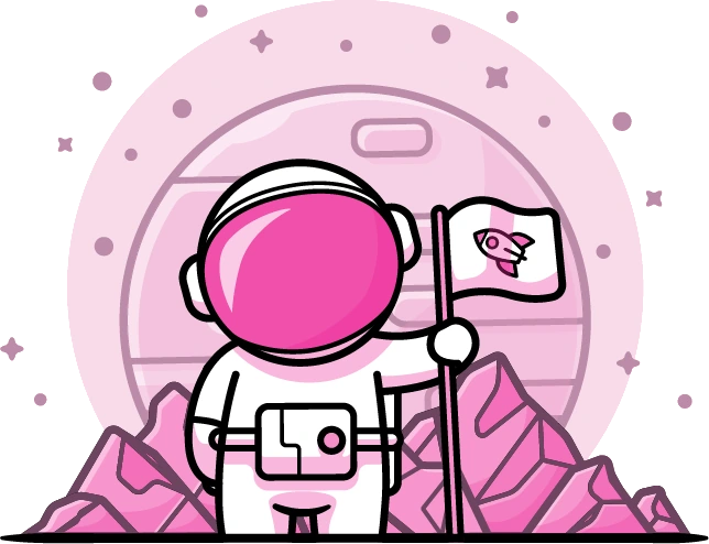 Pink astronaut on another planet with flag